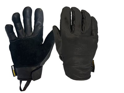 Front and back images of black Mechanic Style Goathide Work Gloves with reinforced palm