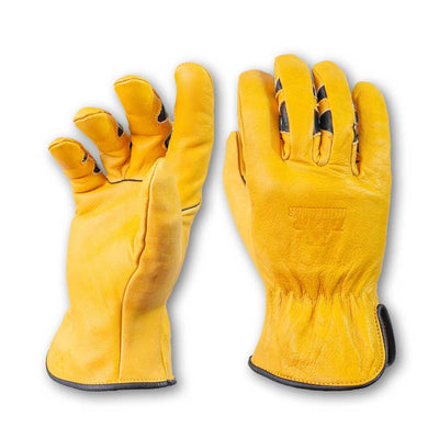 yellow leather gloves on plain white backdrop