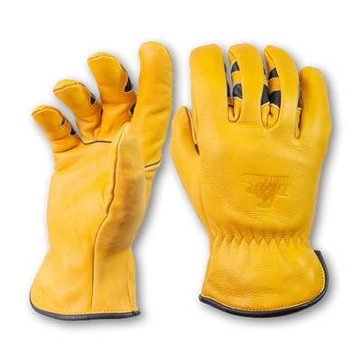 front and back images of yellow Fleece-Lined Water Resistant Cowhide Driver Gloves resting on transparent background