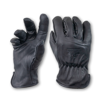 front and back images of black Fleece-Lined Water Resistant Black Cowhide Driver Gloves on transparent background