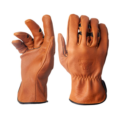 front and back images of buckskin bison gloves resting on concrete backdrop