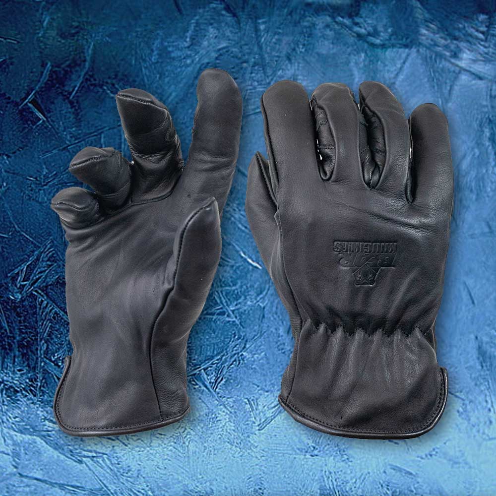 Fleece Lined Water Resistant Black Leather Cowhide Driver Gloves Bear Knuckles